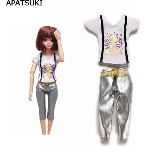 1Set Casual Doll Clothes White Short Sleeve T-shirt + Silver Trousers Pants for Barbies Doll House for 1/6 BJD Doll Accessories