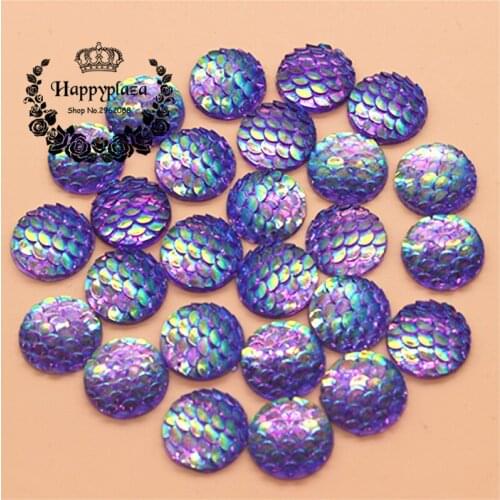 12mm 100pcs Purple AB Resin Fish Scale Flatback Rhinestone Round Cabochon Embellishment Scrapbooking For DIY Crafts