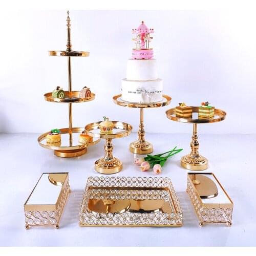 7 PC European Style Crystal Cupcake Plate Metal Wedding Cake Stand Rack Set Holiday Party DisplayTray