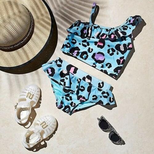 2020 Kid Baby Girls Leopard Swimwear Two Pieces Summer New One Shoulder Ruffle Top Shorts Set Bathing Swimming Costume Beachwear