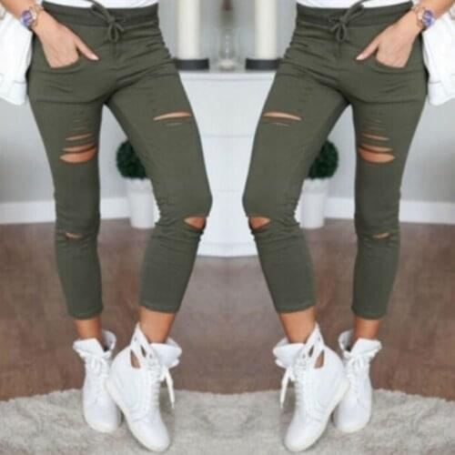 High Waist Stretch Skinny Pants Women Ripped Holes Jeans Slim Pencil Trousers Casual Solid Shredded Leggings Pants