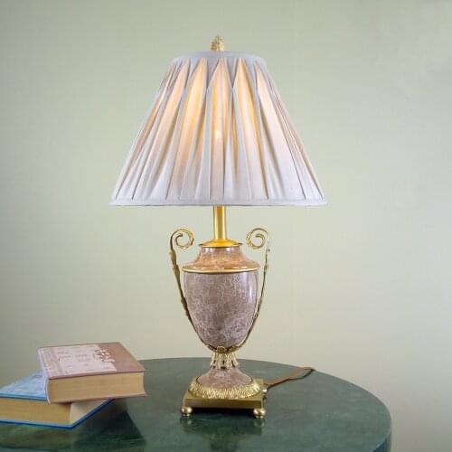 French Antique Reproduction Table Lamp of Brass and Marble with Fabric Shade on Desk in Living Room Classical Desklamp