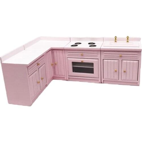 1/12 Dollhouse Mini Wooden Kitchen Cupboard Model Toys Miniature Countertop Sink Stove Cabinet Furniture Doll House Accessories