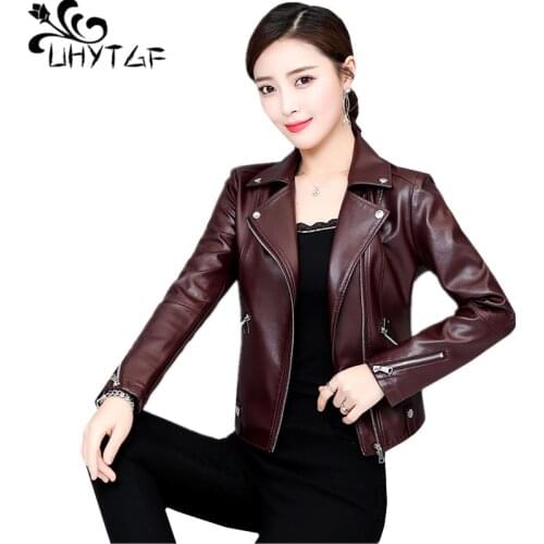 UHYTGF Genuine sheepskin leather autumn leather jacket women zipper V-neck slim Female short coat 4XL plus size biker jacket 823
