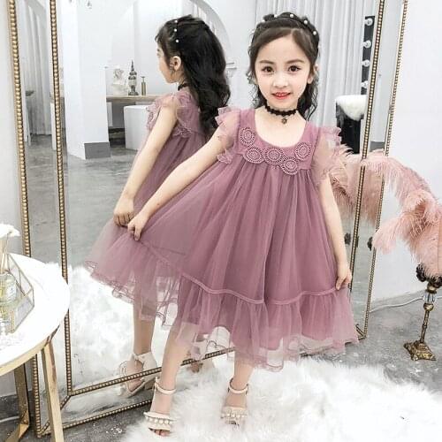 Girl Summer Mesh Dress 2019 kids girls ruffles Lace dresses Children Princess Clothes 4-14age