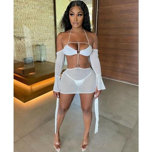 Summer Clothing Sling Long Sleeve Breast Wrap Mesh Sheer Sexy Dress Night Club Outfit Mall Goth Streetwear Y2k Clothes Wholesale