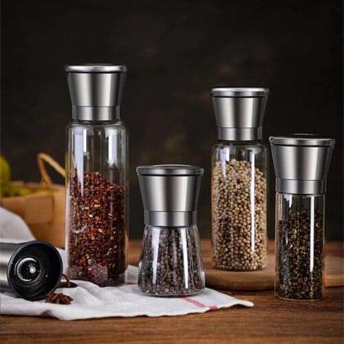 Pepper Mill Salt And Black Pepper Grinder Shakers Stainless Steel Glass Spice Jar Seasoning Grinders Bottle Kitchen Canister Set