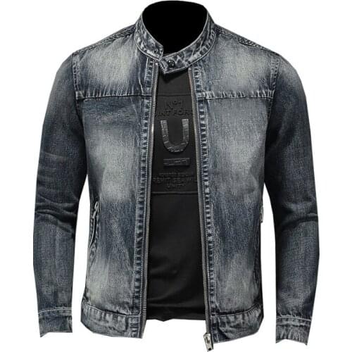 Mens cotton denim jacket motorcycle jacket casual solid color stand-up collar zipper hanging
