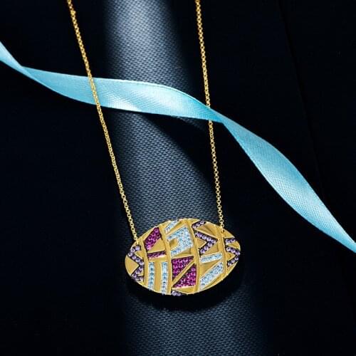 S925 Sterling Silver Oval Pendant Necklace Fancy Zircon Stripe Style Adjustable Draw Chain Necklace For Women