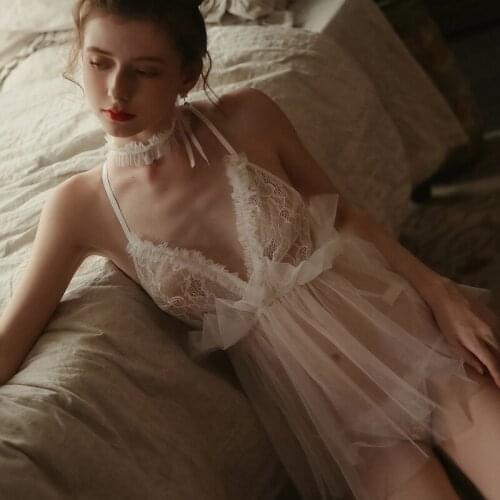 Sexy Sleepwear Women Sleep Dress Black White Cute Wedding Bride Mesh Gauze Perspective Thin Strap Nightdress Set Young Girl