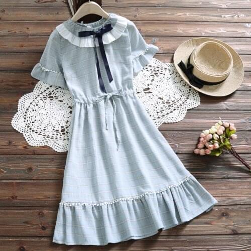 Mori girl kawaii plaid dress new arrival summer fashion ruffled short sleeve dress japan style women vestidos