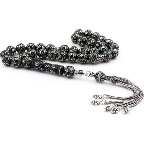 Silver Natural Jet Stone Prayer Bead With Silver Tassel Men Rosary Islamic Tasbih With Grape Model Tassel 925 Sterling Silver