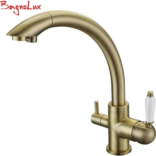 New Solid Brass Swivel 3 in 1 Drinking Water Kitchen Faucets Robinet Para Torneira Wels Sink Mixer Tri Flow 3 Way Filter Taps