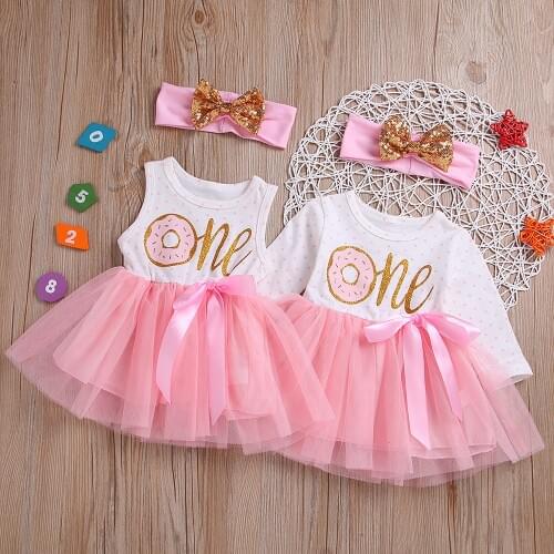 Number One Two Three Stylish Baby Girls Dress Princess Birthday Party Donut Letters Tulle Dresses Headband Outfit 0-24 Months