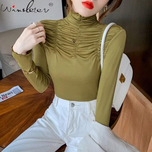 Spring Fall Korean Style T-Shirt Girl Turtleneck Drape Slim Women Tops Cotton Long Sleeve Bottoming Shirt Tees 2021 New T11706A