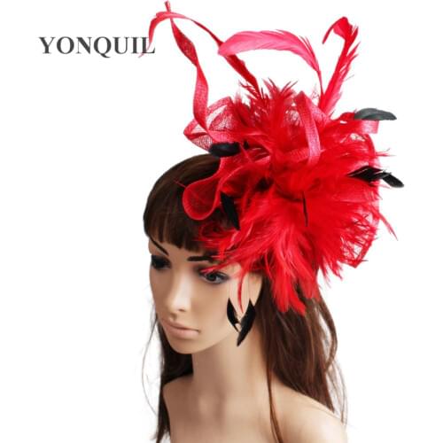 High Quality Sinamay Bridal Hat Fascinating Hair Clip Feather Derby Red Fascinator Hair Accessories Party Headwear