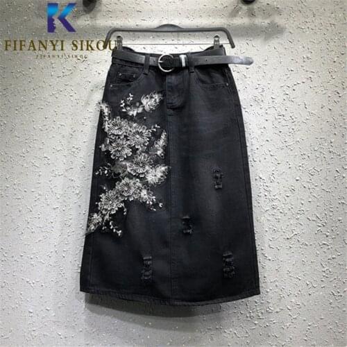 2020 Fashion Embroidery Beading A-Line Jeans Skirts High waist Mid Long Skirt Women Loose Plus Size Black Denim Skirt With Belt