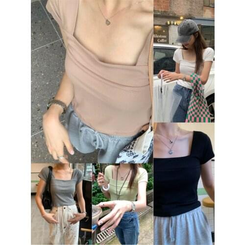 Womens 2021 summer new slim short-sleeved T-shirt design sense niche square collar short fashion casual top women