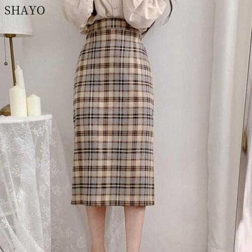 2021 Spring Summer Korean Plaid Skirt Zipper Pencil Empire Mid-Calf Skirts Womens Slit Woman Office Skirt Empire Jupe Femme