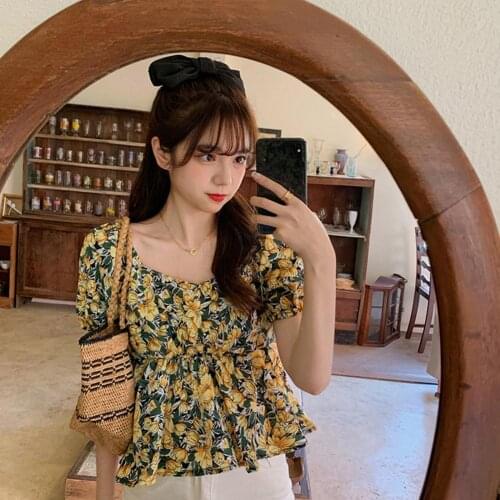 Women Summer Vintage Sexy Floral V Neck Waist Tight Short Sleeve Top T-shirt