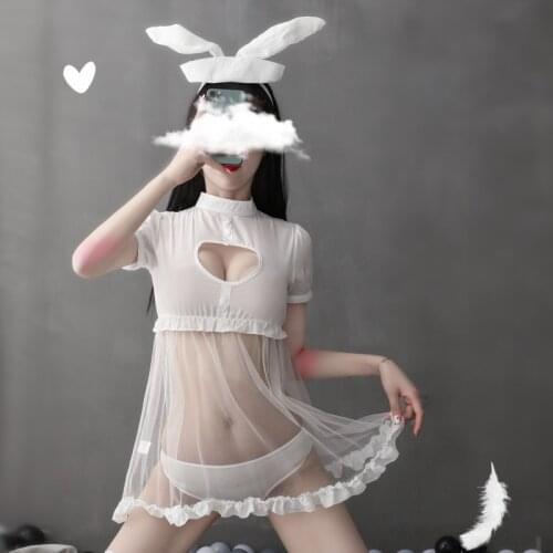 Sexy Bunny Girl Costumes for Women Adult White Black See Through Cow Cosplay Lingerie Maid Dress Rabbit Ear Panties Roleplay New
