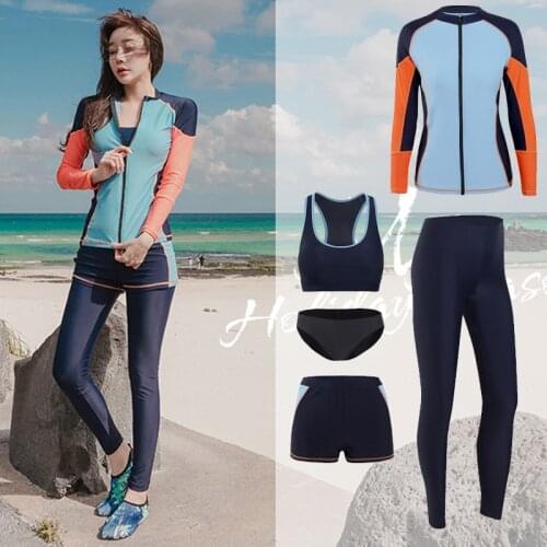 Womens 5pcs Long Sleeve Zip Rashguard UPF 50 Sun Protection Swimsuit Top & Bottom Swim Surf Dive Skin Athletic Yoga Tracksuit