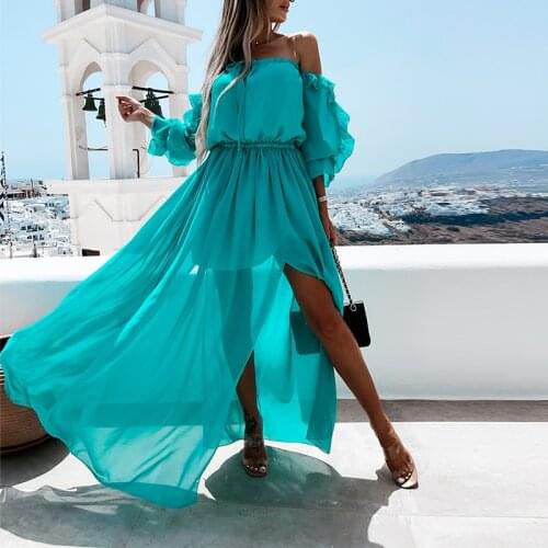 Off Shoulder Autumn Long Dress Floor Length Women Ruffles Split Holiday Robe 2021 Summer Female Elegant A Line Party Dress New