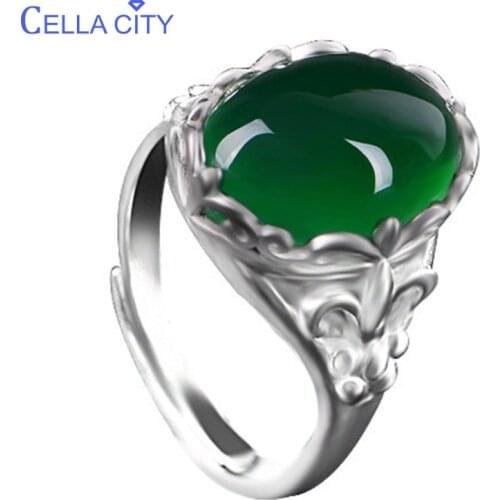 Cellacity Classic Fine Jewelry with Gemstones Silver 925 Ring for Women 15*12mm Green Chalcedony Opening adjustable Female Gift