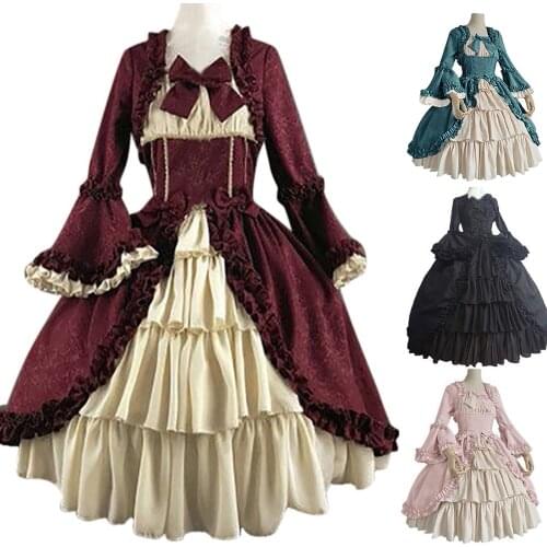 Medieval Retro Gothiced Court Dress Lady Vintage Square Neck Tight Waist Bowknot Dresses Women Elegant Palace Costume Vestidos