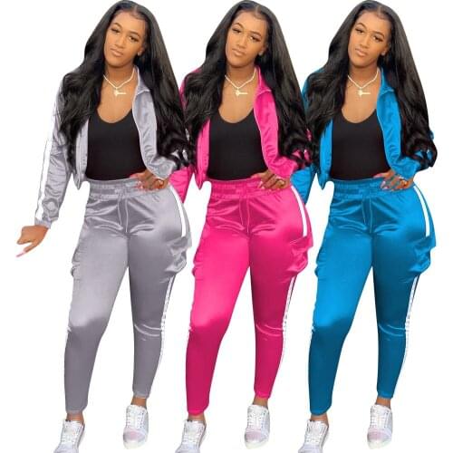 40MN053 Autumn Winter Women Casual Solid Splicing Reflective Strip Two Piece Set Top and Pants Tracksuit Sweatsuit Outfits
