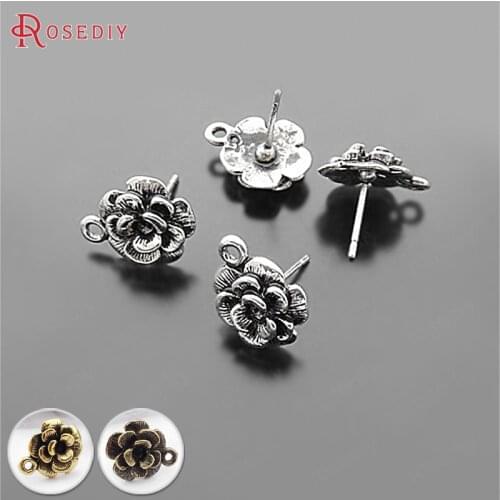Wholesale Antique Silver color Steel Stud Earrings with 12mm Alloy Flower and a Hanging Hole Diy Findings 20 pieces(JM4880)