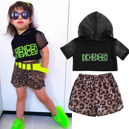 1-5 Years Kids Girls Clothes Summer Sports Mesh Outfits Cropped Hooded Tops Loose Leopard Shorts Running Training Suit