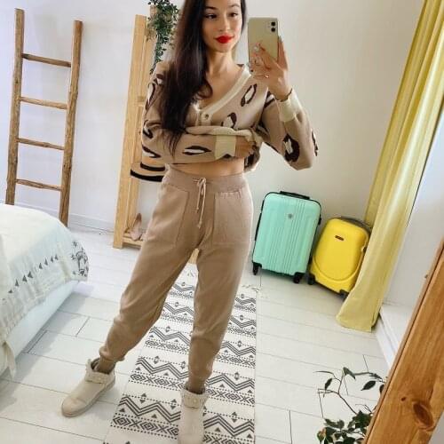 2021 One Size New Leopard Print Knitted Cardigan + Two-piece Harem Pants Four Color