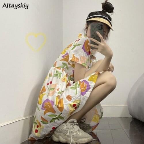 Dresses Women Fruit-print Summer Cute Trendy Leisure Slim Korean Style Chic Popular Single Breasted College Sweet Female Casual