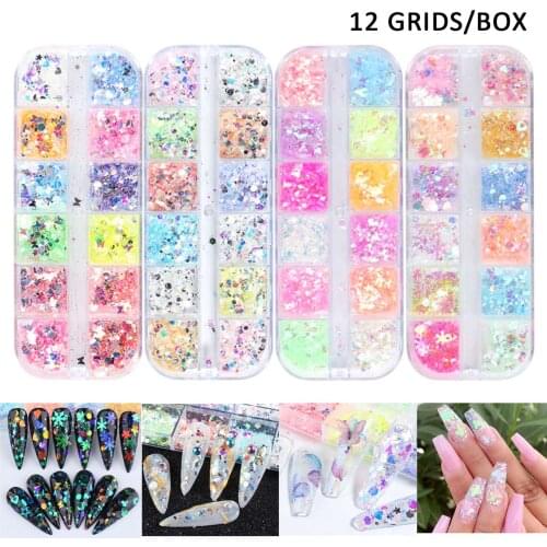 12 Grids/box Nail Art Glitter Powder Fairy Sequin Laser Flake Decor DIY butterfly irregular round hexagon Colorful Manicure Tips