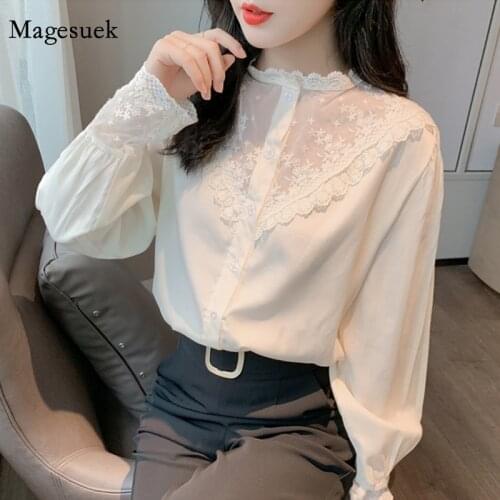 2021 Autumn Korean Lace Shirt Loose Tops Chic Spliced Solid Long Sleeve Blouse Women Apricot Office Button Ladies Shirts 10900