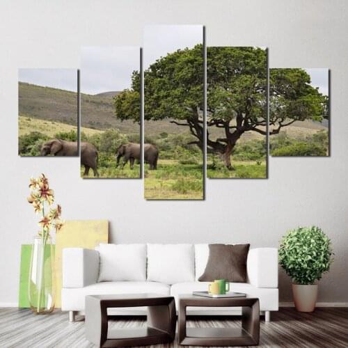 5 Panels Green Trees And Elephants Natural Scenery Posters HD Wall Art Frameless Style Canvas Pictures Modern Home Decor