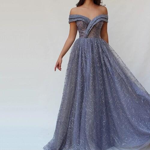 Sparkle Muslim Evening Dresses A-line Off The Shoulder Tulle Pearls Dubai Saudi Arabic Long Evening Gown Prom Dress