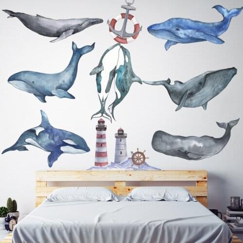 Large Blue Grey Wall Stickers Dolphin Whale Watercolor Hand-Painted Lighthouse Wallpaper for Living Room Bedroom Dormitory