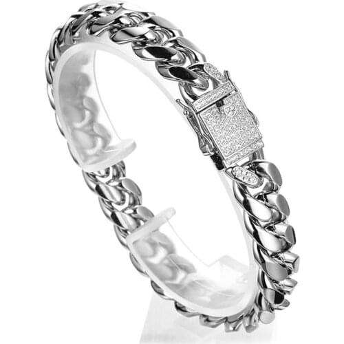 12mm Not Fades Stainless Steel Silver Color Miami Curb Cuban Chain Bracelet Wristband With Crystal Clasp Men Women Jewelry 7-11"
