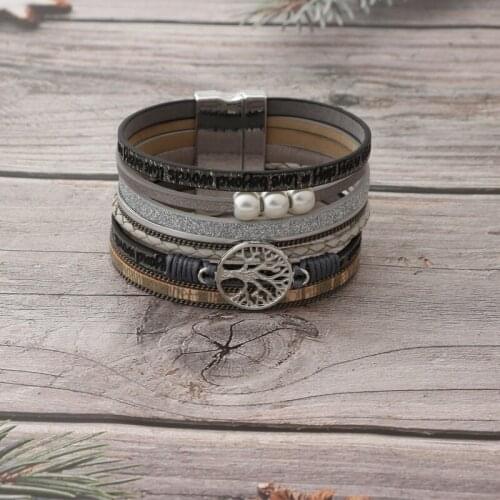 The Tree of Life Leather Cuff Magnetic Clasps Bangle Stackable Baroque Pearls Wrap Bracelets for Women Fashion Jewelry Wholesale