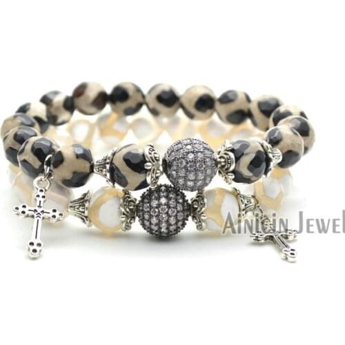 1pc Handmade Black and White Faceted Dzi Onyx Cross Charms Bracelets For Fashion Women Birthday Gift