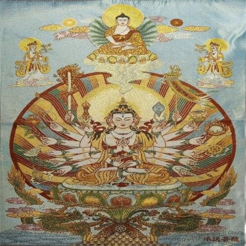 Chinese silk Thangka thousand hand Avalokitesvara Buddha and Tara Buddha statue