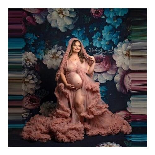 Classic Blush Pink Tulle Pregnancy Dresses V Neck Sleeveless Puffy Long Train Plus Size Women Maternity Gowns With Waistband