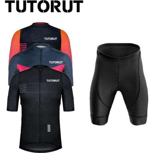 TUTORUT Men Racing Sportwear Cycling Jersey Set Short Sleeve Breathable Quick Dry Bicycle Clothes MTB Bike Shirt With Pockets