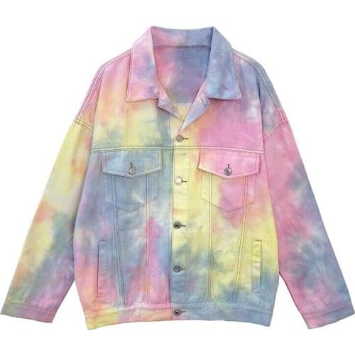 Fashion Women Tie-dye Gradient Color Denim Jacket Female Loose Long-sleeved Turn-down Collar Tops Ins Trend Ladies Casual Cloth