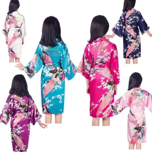 Wholesale Link Flower Girl Gold Letter Satin Kimono Robes Wedding Girls Bathrobes Peacock Nightgown Children Sleepwear B6