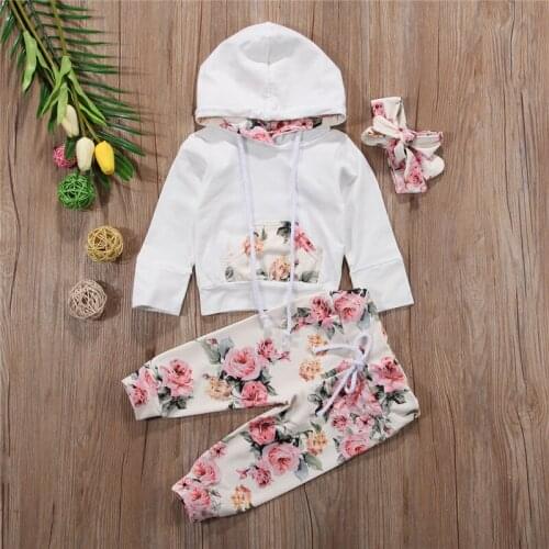 2020 Toddler Autumn Clothing 3PCS Newborn Baby Kids Girls Long Sleeve Hooded Tops+Floral Print Pants+Headband Outfits 3pcs