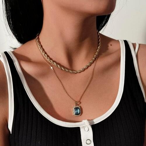 2021 Square Iced Out Crystal Pendant Necklace for Women Green Bling Rhinestone Hip Hop Jewelry Colliers Twisted Chain Choker