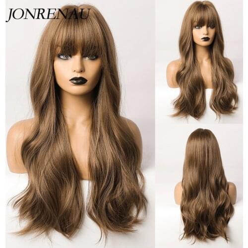 JONRENAU Long Wave Dark Brown Blonde Ombre Synthetic Wigs with Bangs Party Daily Use Cosplay Wig for Women Natural Curly Hair